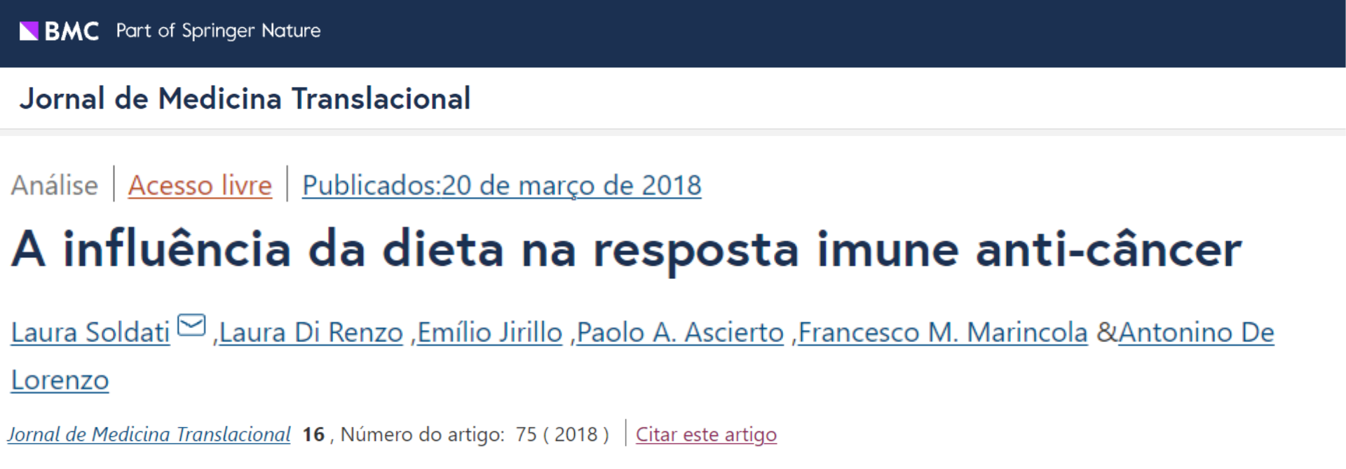 Artigo científico sobre nutrição e imunidade